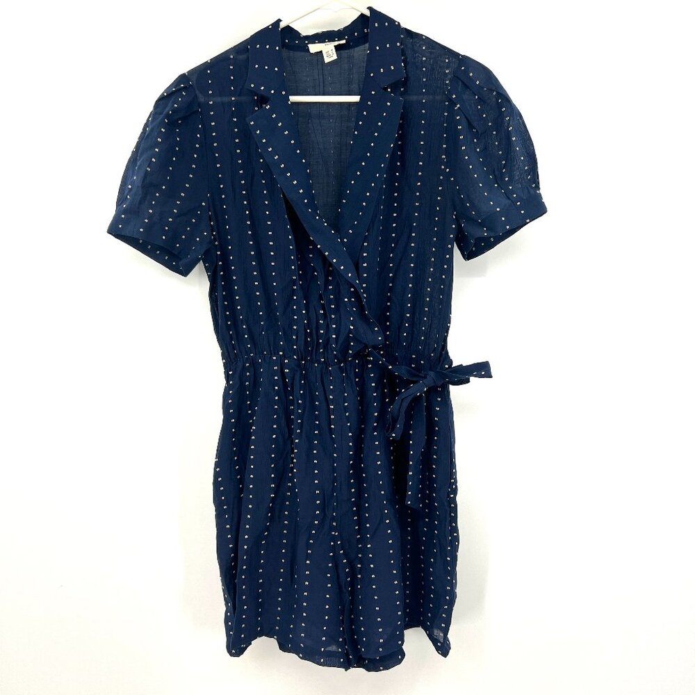 The Korner Navy Embroidered Faux Wrap Romper Women's Small